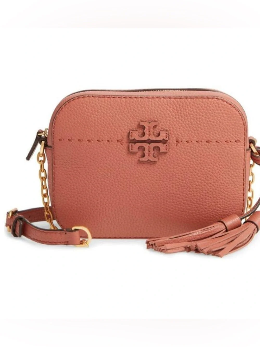 Tory Burch Dusty Pink Leather Crossbody Camera Bag with Tassels